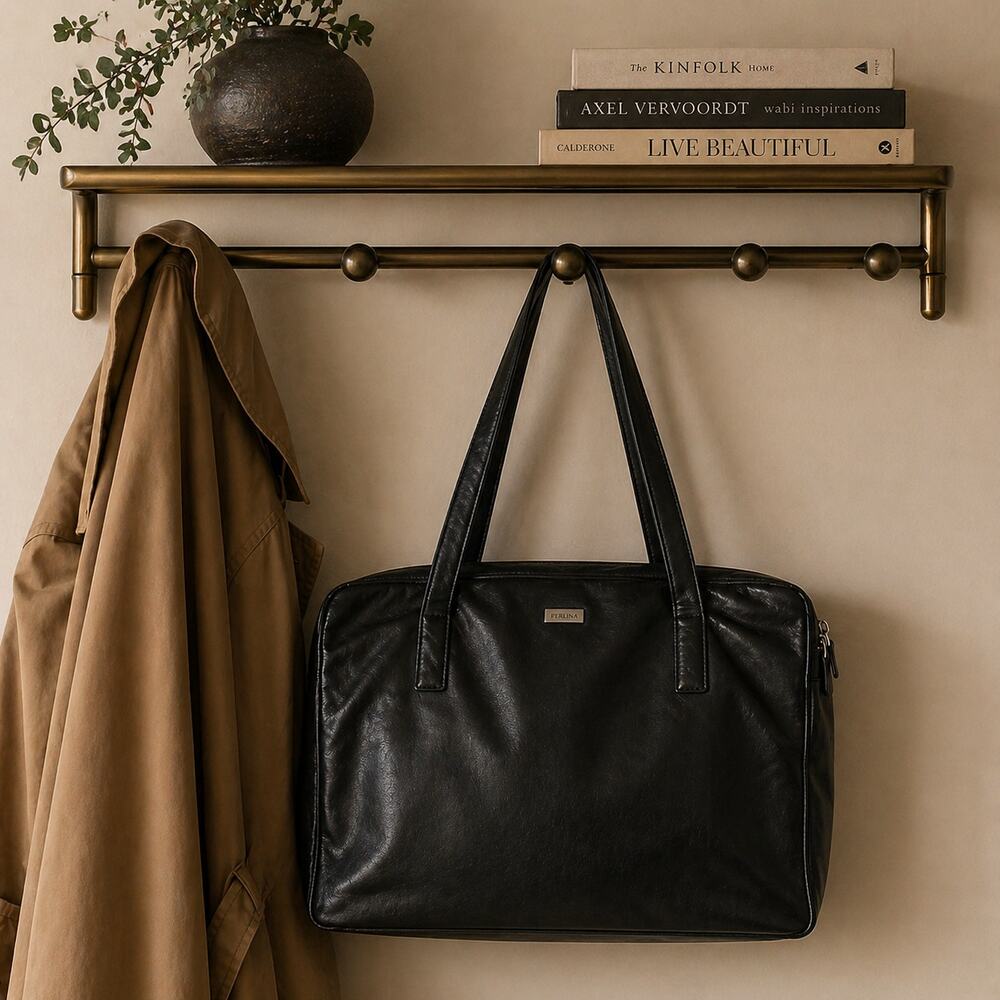 VTG Perlina Buttery Soft Black Leather Briefcase Shoulder Bag 3 Compartments